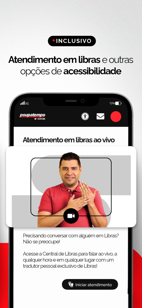 Poupatempo SP.GOV.BR - Interfaz de la aplicación Poupatempo mostrando asistencia en Lengua de Señas Brasileña Libras en vivo para los usuarios