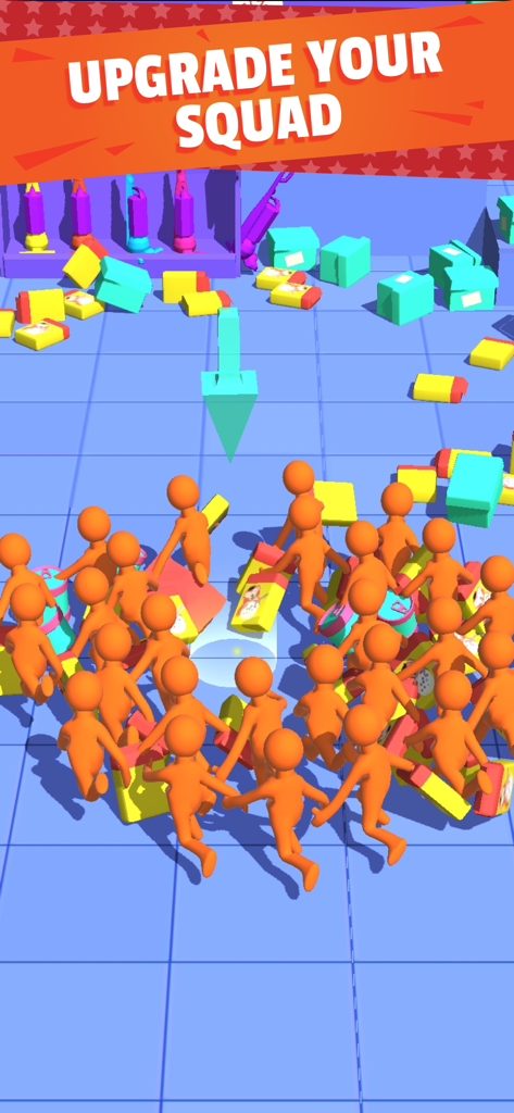 A group of orange stick figures carrying shopping boxes in a colorful store with an Upgrade Your Squad banner