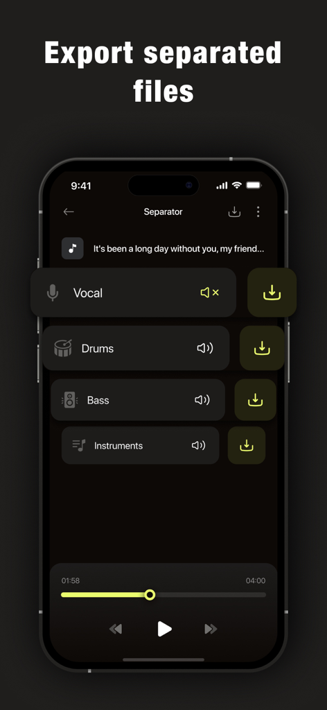 Vocal Remover & AI Separator - Interface showing separated audio tracks for vocal drums and bass with individual download buttons