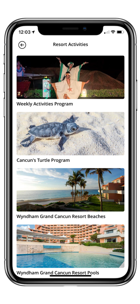 Wyndham Grand Cancun - Schermata dell'app Wyndham Grand Cancun che mostra le attività e i servizi del resort.