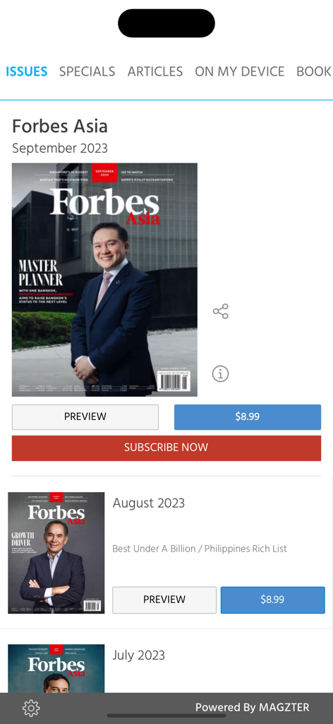 Interface of the Forbes Asia app showing business magazine covers and subscription options
