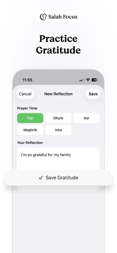 Salah Focus - Écran de l'application Salah Focus montrant la fonction de pratique de la gratitude et de la réflexion avec la sélection de l'heure de la prière