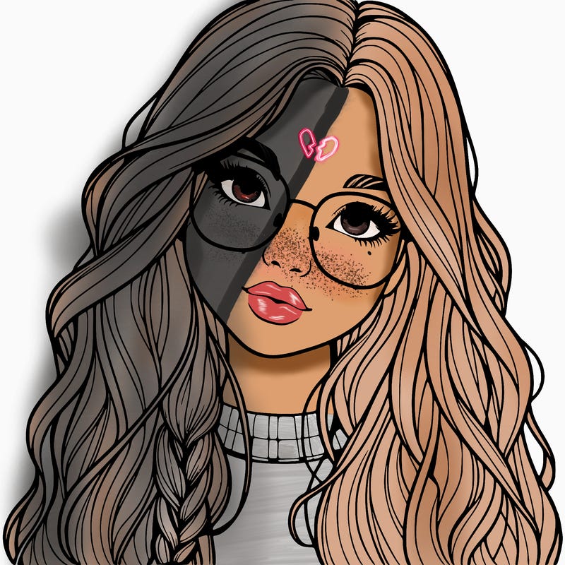 girl with long hair and freckles and glasses realistic