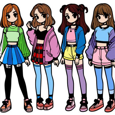 one girl with crop-top shirt and a jacket with a skirt, long socks and another girl with a shirt and pants with a jacket