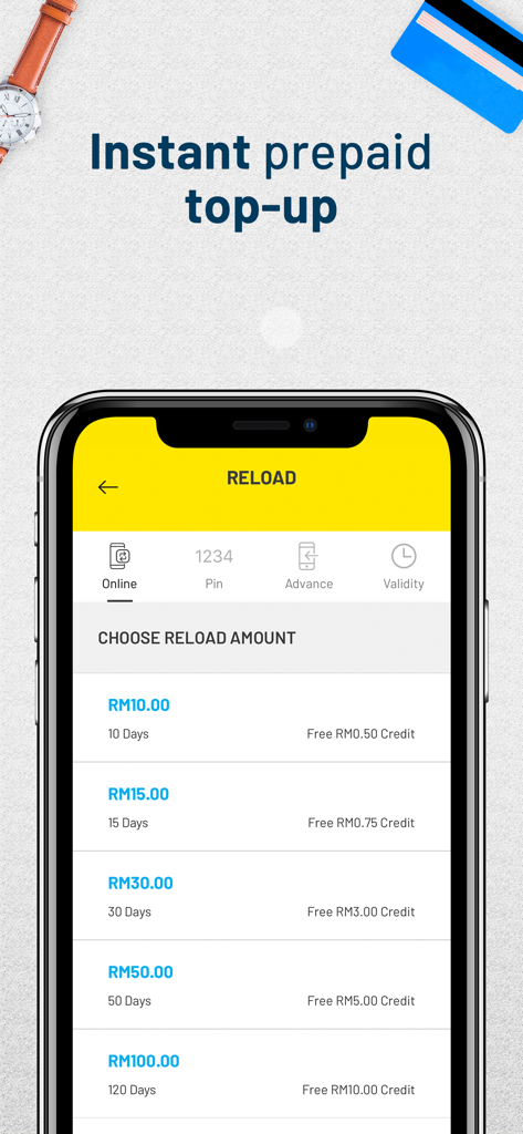 MyDigi Mobile App - 즉시 선불 충전 금액 및 유효 기간 옵션을 보여주는 MyDigi 앱 인터페이스.