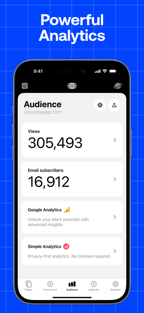 Universe Website Builder - Mobile dashboard showing website views and email subscriber statistics in the Universe app