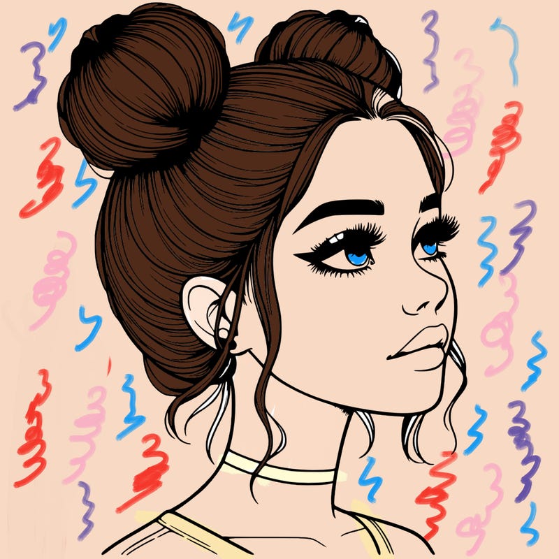 realistic girl with buns on the top of her head