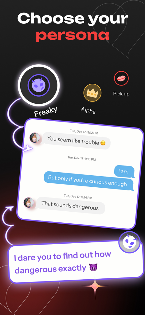 A mobile interface for Smoothspeak app showing persona selection options like Freaky and Alpha with a chat response example