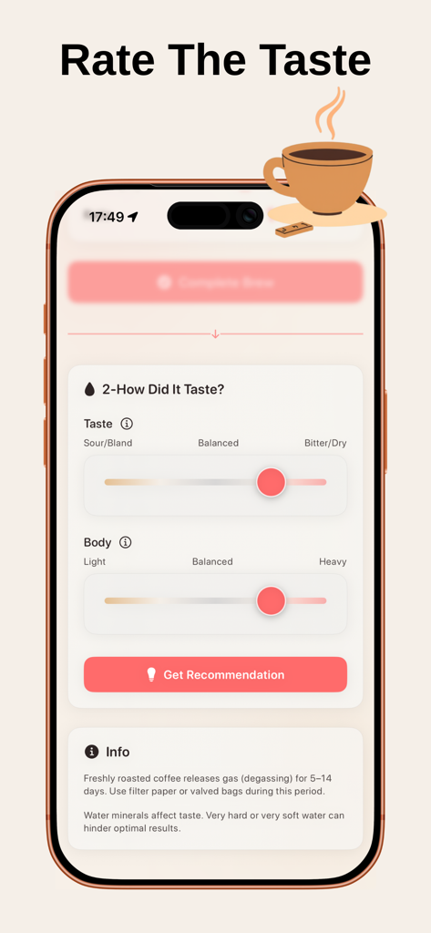 Fix My Coffee - Interfaz de la aplicación Fix My Coffee para calificar el sabor y el cuerpo del café