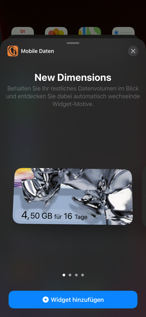 iOS widget preview showing remaining mobile data volume over an artistic abstract background titled New Dimensions