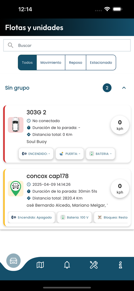Delta Track Pro dashboard displaying a list of tracked vehicles with status metrics like speed and distance
