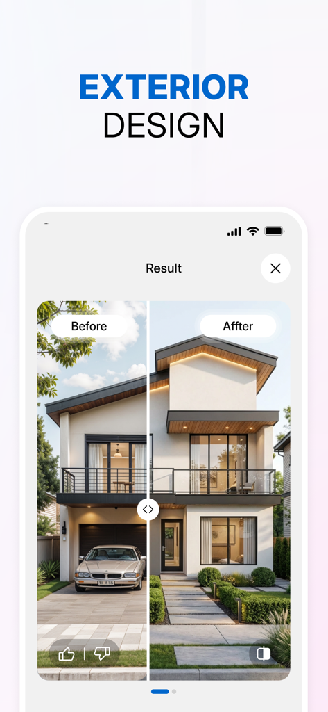 Hano Home – AI Interior Design - Before and after comparison of a modern house exterior redesign using the Hano Home AI Interior Design app.