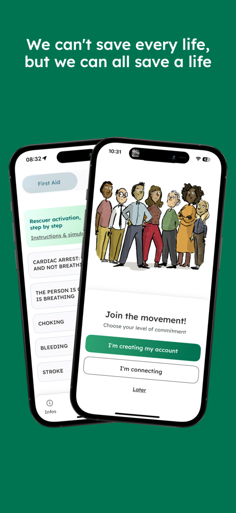 Staying Alive - Interface of the Staying Alive app showing first aid categories and a registration screen to join the citizen responder community