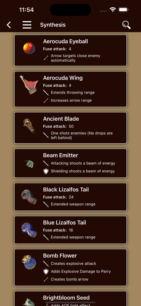 Tears Companion - Synthesis screen in Tears Companion app showing fuse attack stats and effects for items like Aerocuda parts and Ancient Blade