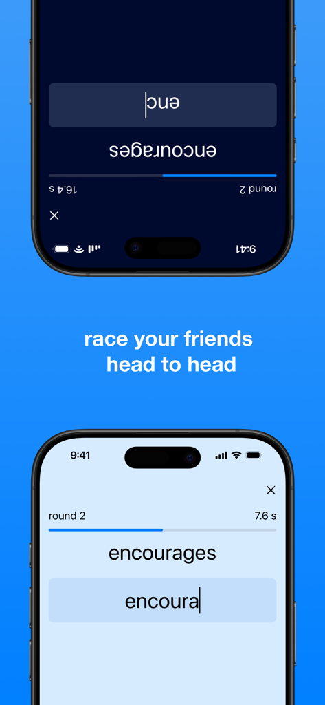 Qwerty - Typing Races - Qwertyアプリで、2人のプレイヤーが対面式のタイピングレースで競い合っている様子