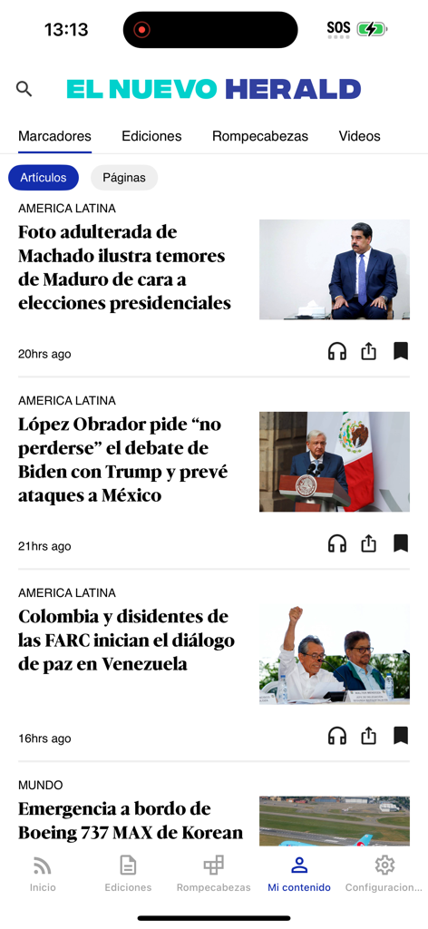 Feed de noticias móvil de la app El Nuevo Herald con titulares en español.