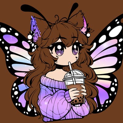 a realistic butterfly/furry girl drinking boba