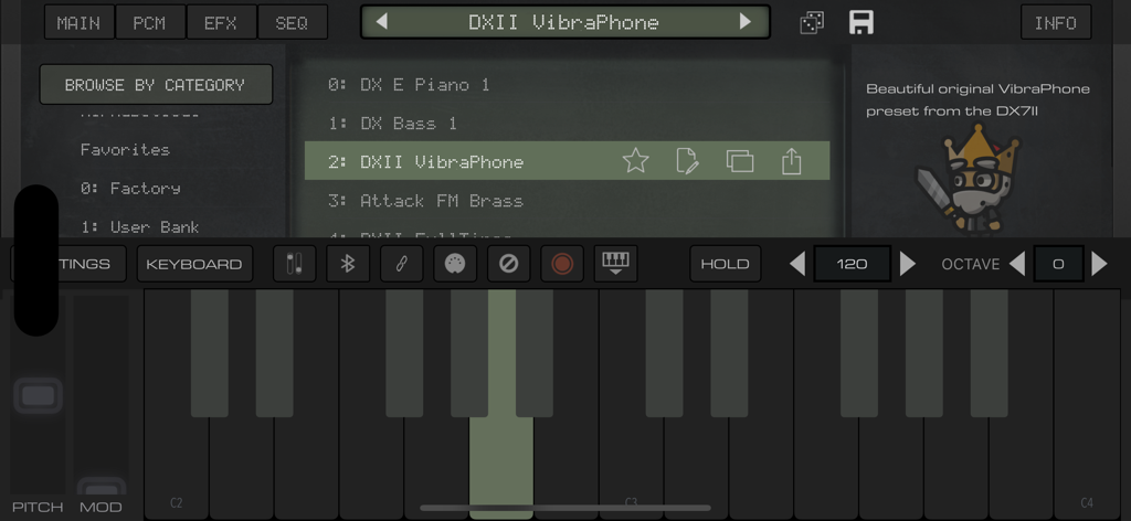 King of FM App-Oberfläche mit dem DXII VibraPhone Preset und einer virtuellen Tastatur