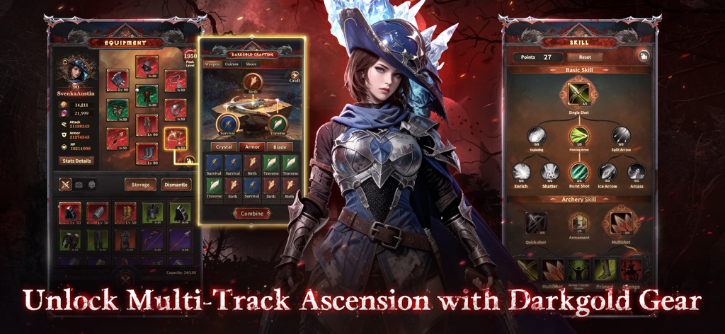 Dungeon of Exile - Menú de personaje de Dungeon of Exile mostrando gestión de equipo, forja de equipo y árbol de habilidades.