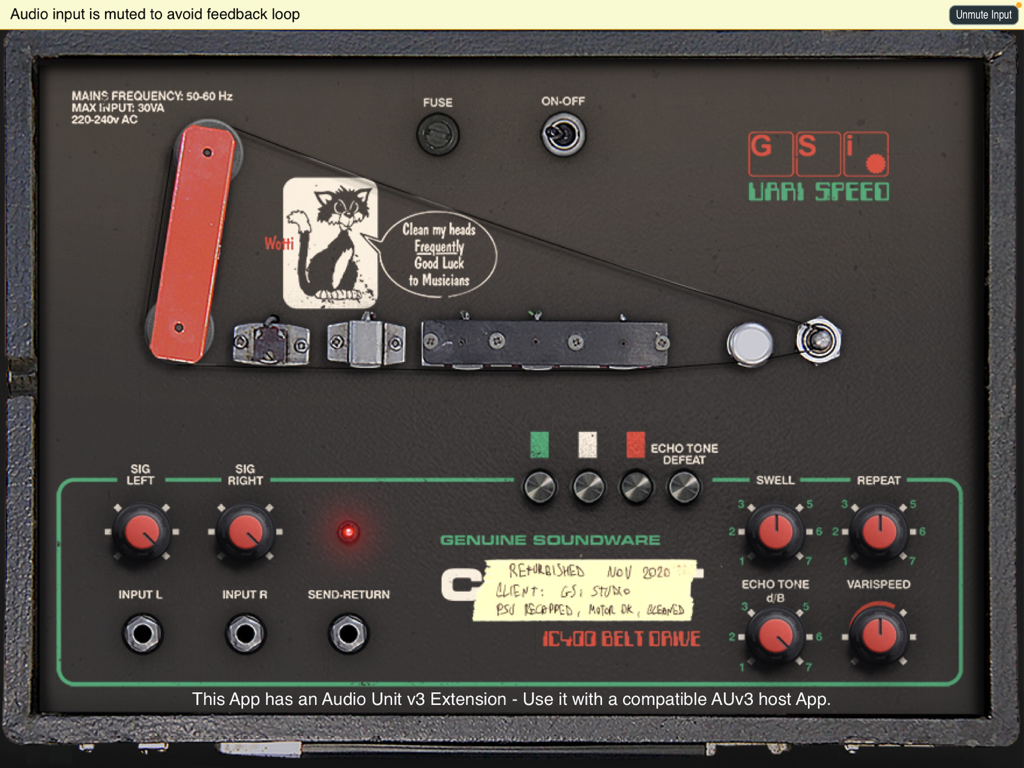 Interfaz de la aplicación GSi VariSpeed mostrando una simulación de eco de cinta vintage con perillas analógicas y un mecanismo de tracción por correa