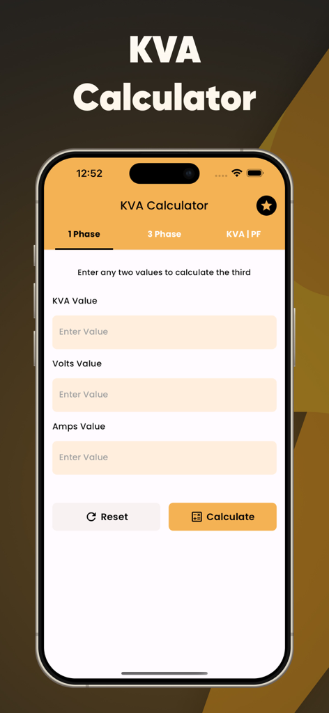 Interfaccia dell'app Calcolatore kVA 2025 che mostra i campi di input per calcoli di potenza elettrica monofase, inclusi kVA, Volt e Ampere.