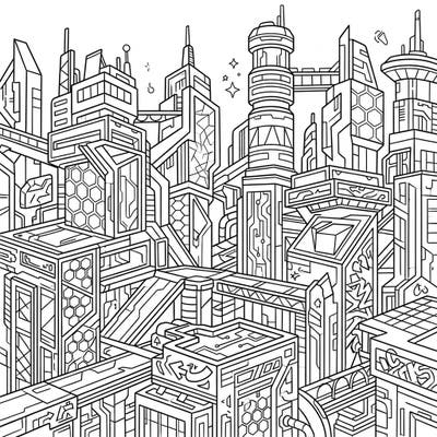 Immerse yourself in a visually stunning world of futuristic architecture designed especially for teens. This intricate coloring page blends digital art with complex cityscapes, offering an engaging creative challenge.