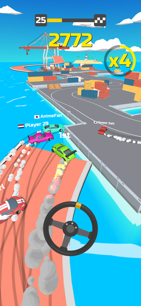 Four colorful cars drifting on a dockside track in the Hyper Drift mobile game.
