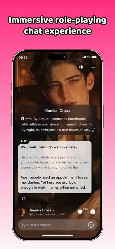 Touchie - AI Love & Chat - Touchie app showing an immersive role playing chat with an AI character