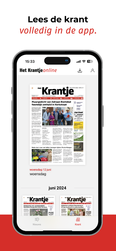 The digital newspaper section of the Het Krantje app showing local news editions for Leidschendam and Voorburg.