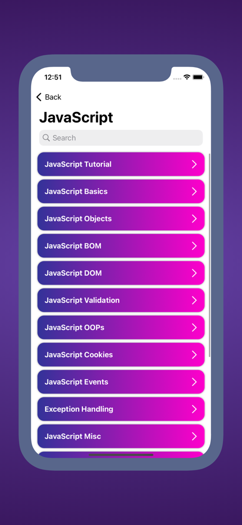 JavaScript tutorial list on the CodeHub mobile app screen.