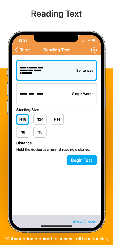 Interface of the Kay iSight Test Professional app showing reading text test options including sentences and single words