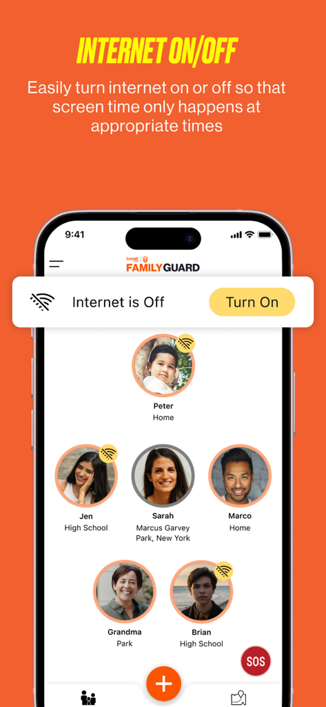 Interface de l'application Boost Family Guard affichant la fonction de bascule Internet activé/désactivé pour gérer le temps d'écran familial