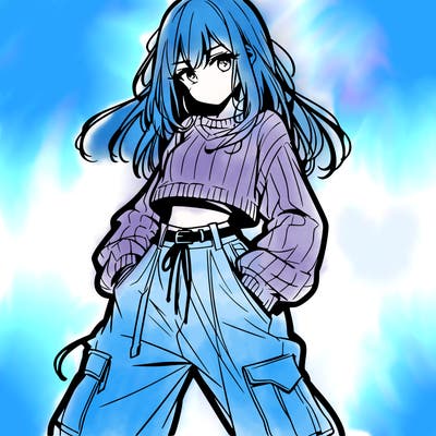 anime teen girl with baggy pants and crop top with sweater