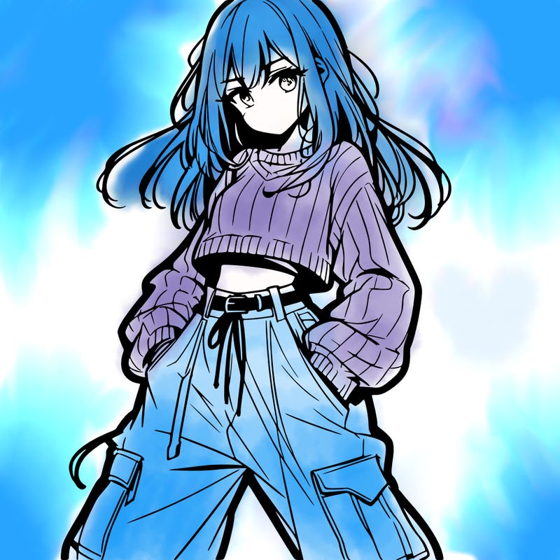 anime teen girl with baggy pants and crop top with sweater