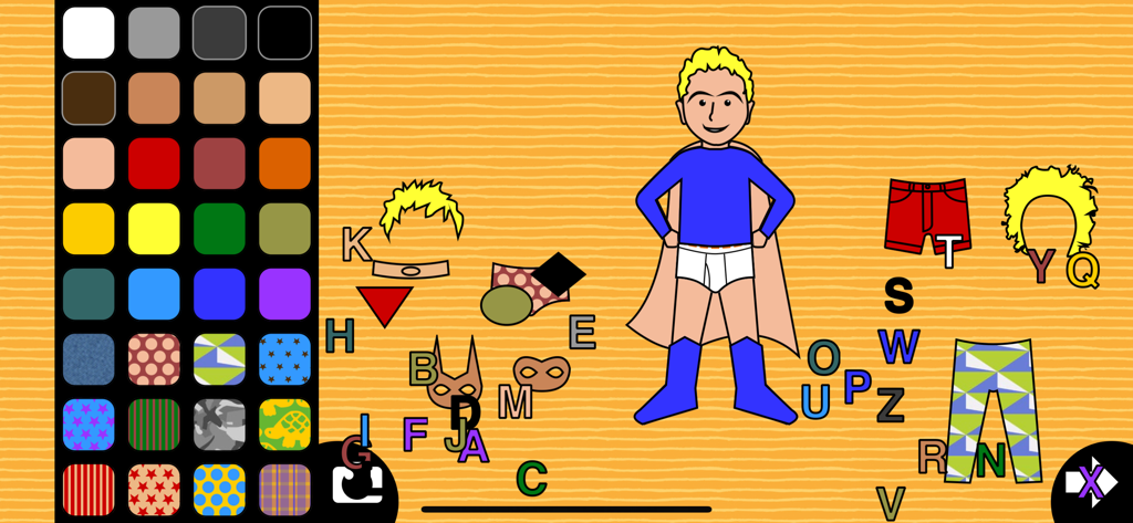 Dress-up - Dress-up app game screen featuring a boy character in a superhero costume with a color selection panel