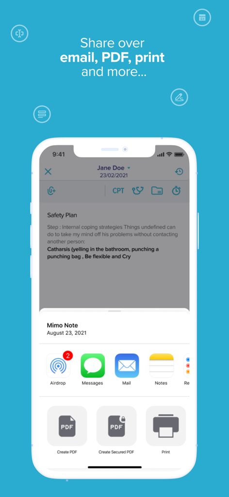 Mimo AI Clinical Notes - Oberfläche, die Optionen zum Teilen klinischer Notizen zeigt, einschließlich gesicherter PDF-Export, E-Mail und Drucken.