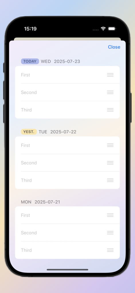 3 Things Daily - Minimalist history view of daily entries in the 3 Things Daily app