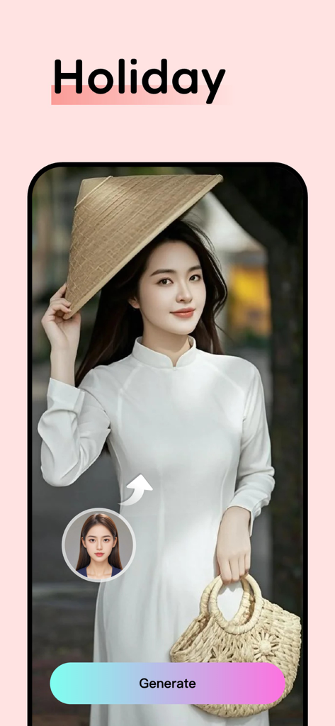 闪秀 - 高颜值写真照片、 一键换装秒出大片 - ShanXiu app screen showing AI holiday portrait generation of a woman in ethnic travel attire