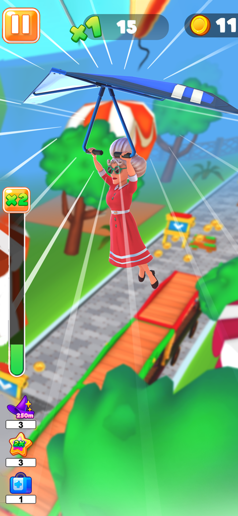 Granny Run 3D runner Game - Granny character hang gliding over a track in a 3D runner game