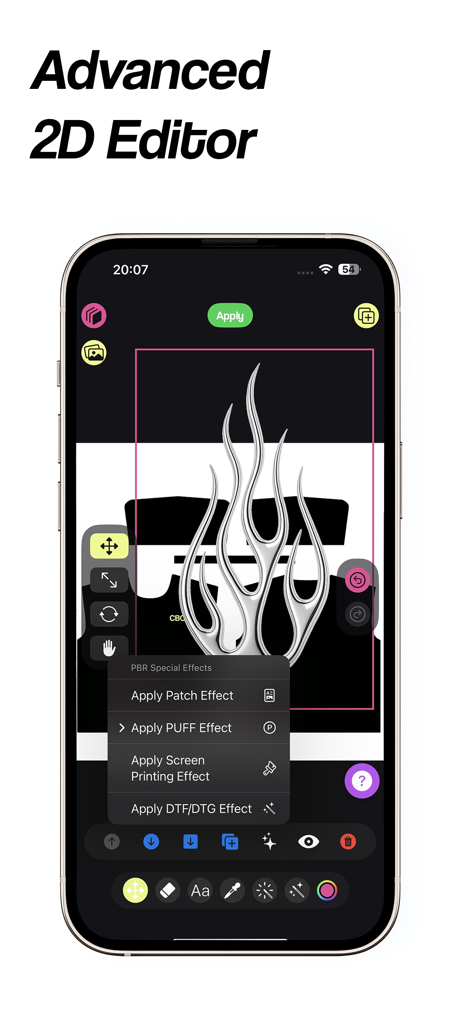 CBOs - CBOs app interface showing the advanced 2D editor with options to apply puff print and screen printing effects to a chrome graphic.