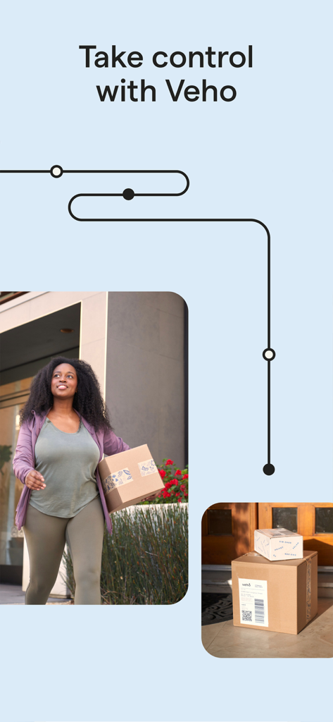 A female delivery driver carrying a package and delivered boxes at a door with a route graphic