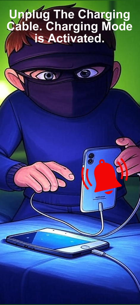 Anti Theft Alarm:SecurityAlarm - Um ladrão mascarado dispara um alarme de segurança alto ao desconectar um telefone celular enquanto ele está no modo de carregamento.