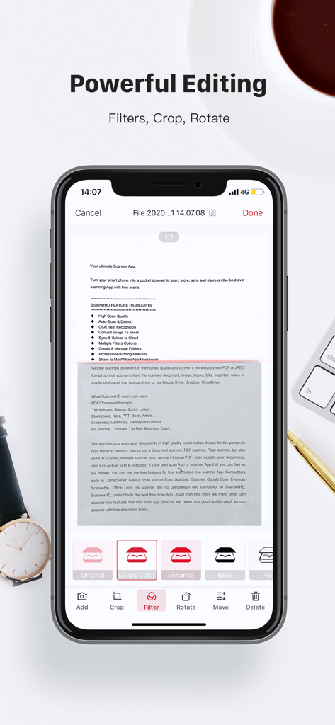ScannerHD Pro - PDF Scan - ScannerHD Pro mobile app showing professional document editing tools like filters crop and rotate