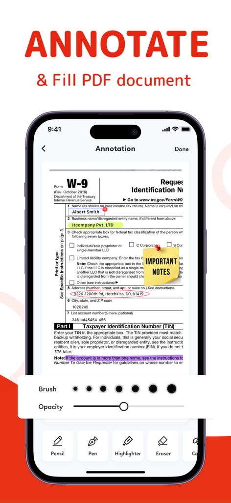 iPhoneでPDF税務フォームに注釈を付け、記入するためのモバイルアプリインターフェイス