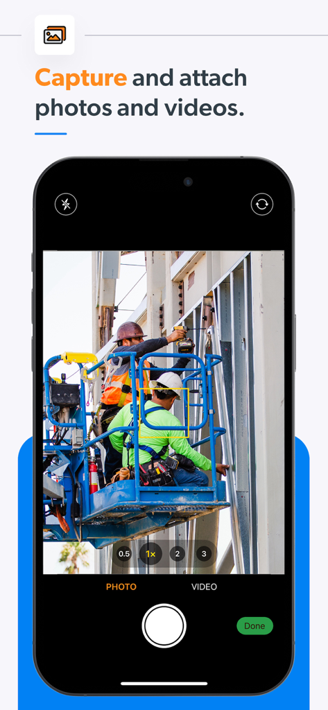 Raken Construction Management - Raken mobile app interface showing photo and video capture on a construction site