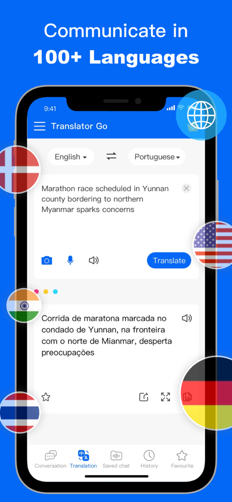 Die Benutzeroberfläche der Translator Go-App zeigt die Textübersetzung von Englisch nach Portugiesisch mit internationalen Flaggen