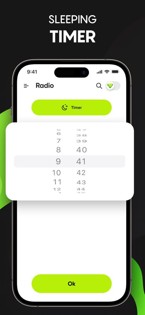AM FM Radio USA Tuner Live App - iPhone interface showing the sleeping timer feature of the AM FM Radio USA Tuner Live App