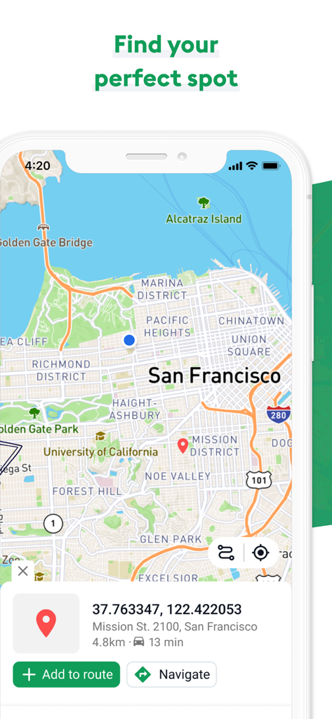 RV Campgrounds App-Bildschirmsuchkarte mit Standortsuche und Navigation in San Francisco