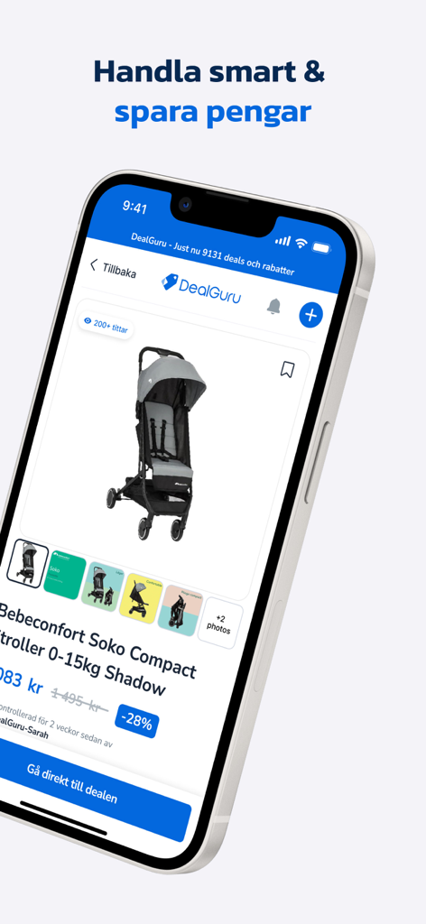 DealGuru - A smartphone displaying the DealGuru app with a discounted baby stroller offer and a 28 percent price reduction