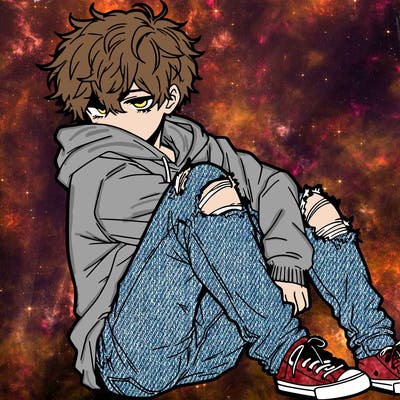 a male hoddie ripped jeans messy hair anime